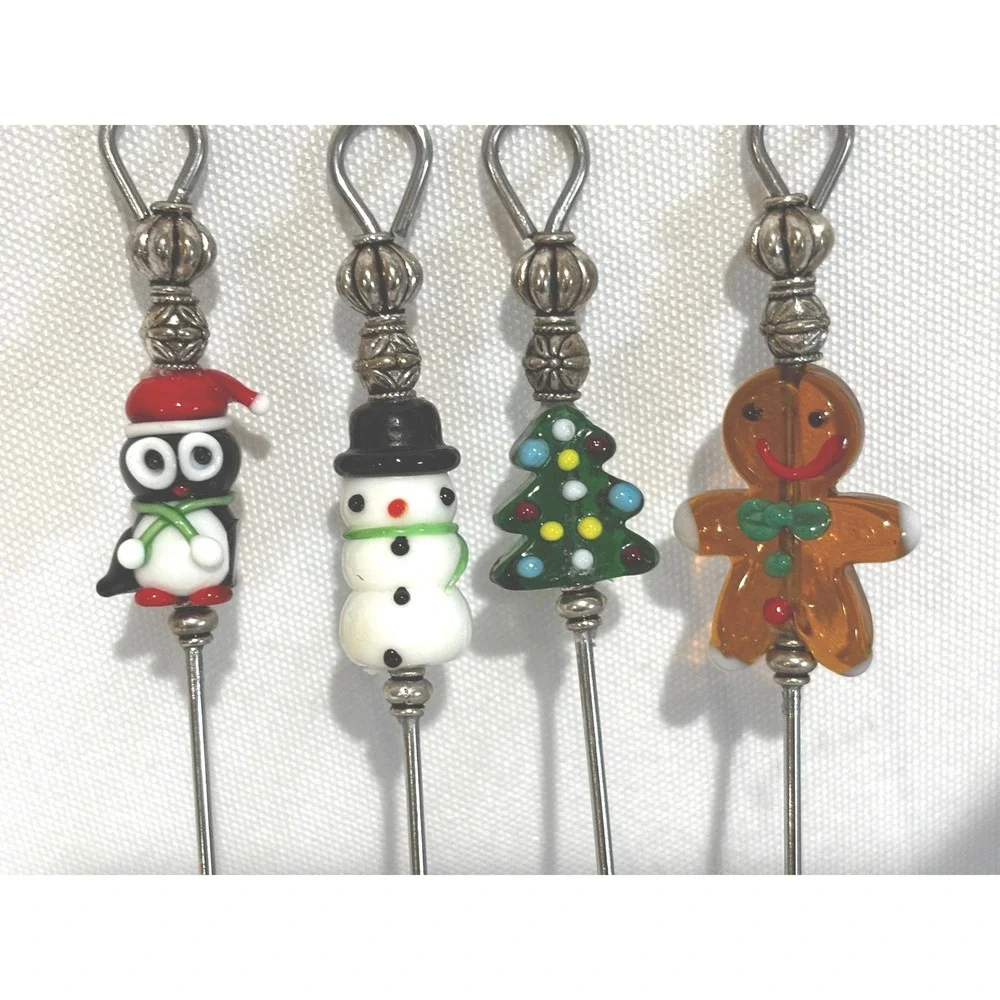 Christmas Beaded‎ Lampwork Glass Cocktail charcuterie Picks snowman tree festive